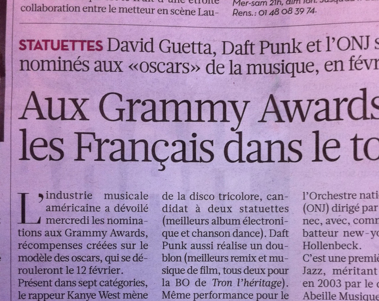 Article de Libération annonçant les nominations françaises aux Grammy Awards, avec l'Orchestre National de Jazz dirigé par Daniel Yvinec